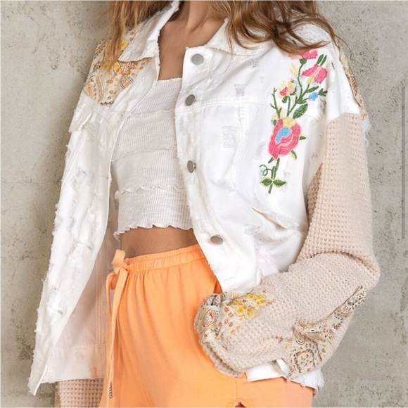 POL Shacket Oversized Thermal Sleeve Patch Embroidered Distressed Floral Paisley - Picture 1 of 16